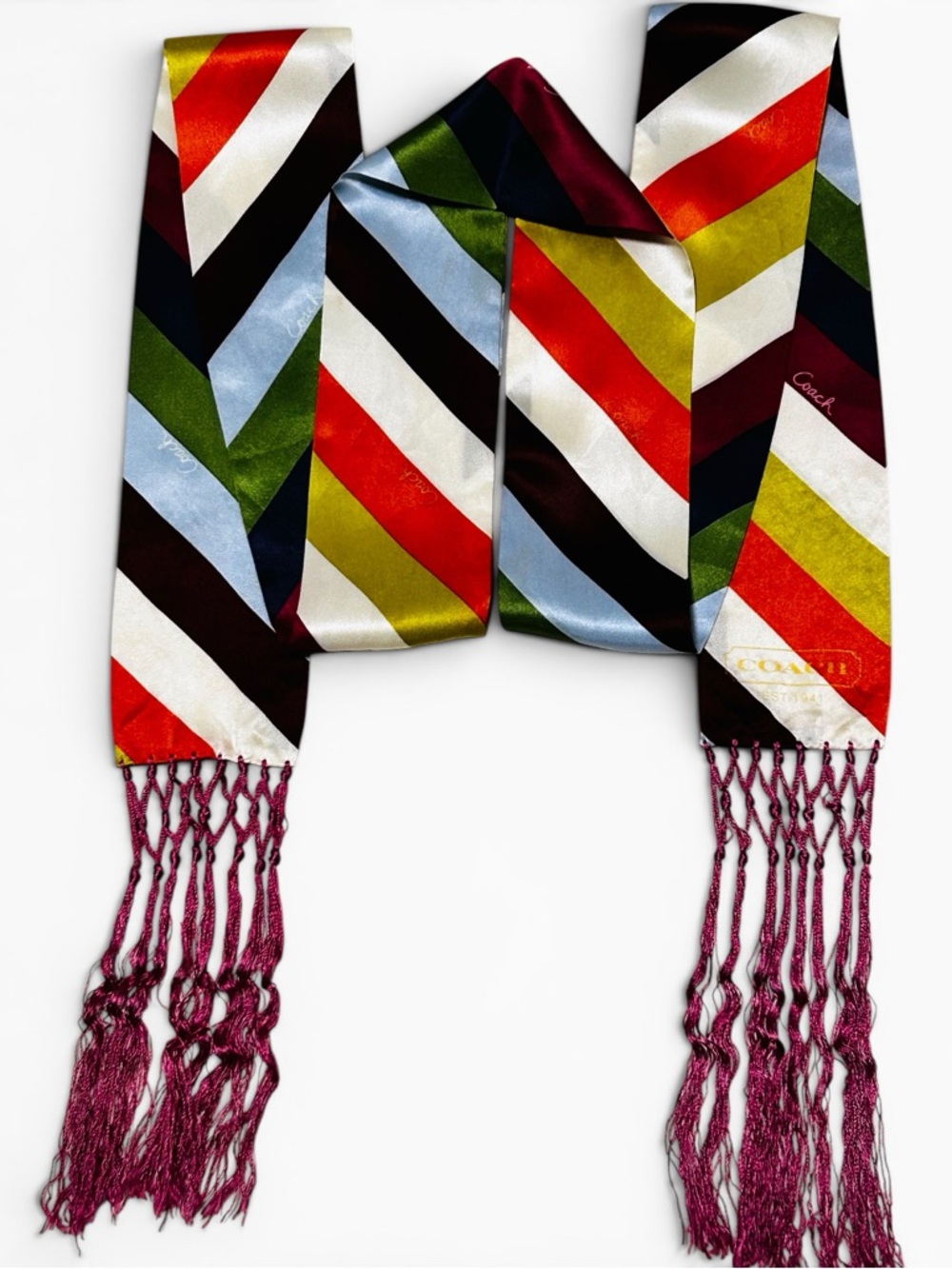 COACH Legacy Stripe Knotted Tassel Fringe Silk Scarf - Picture 3 of 8